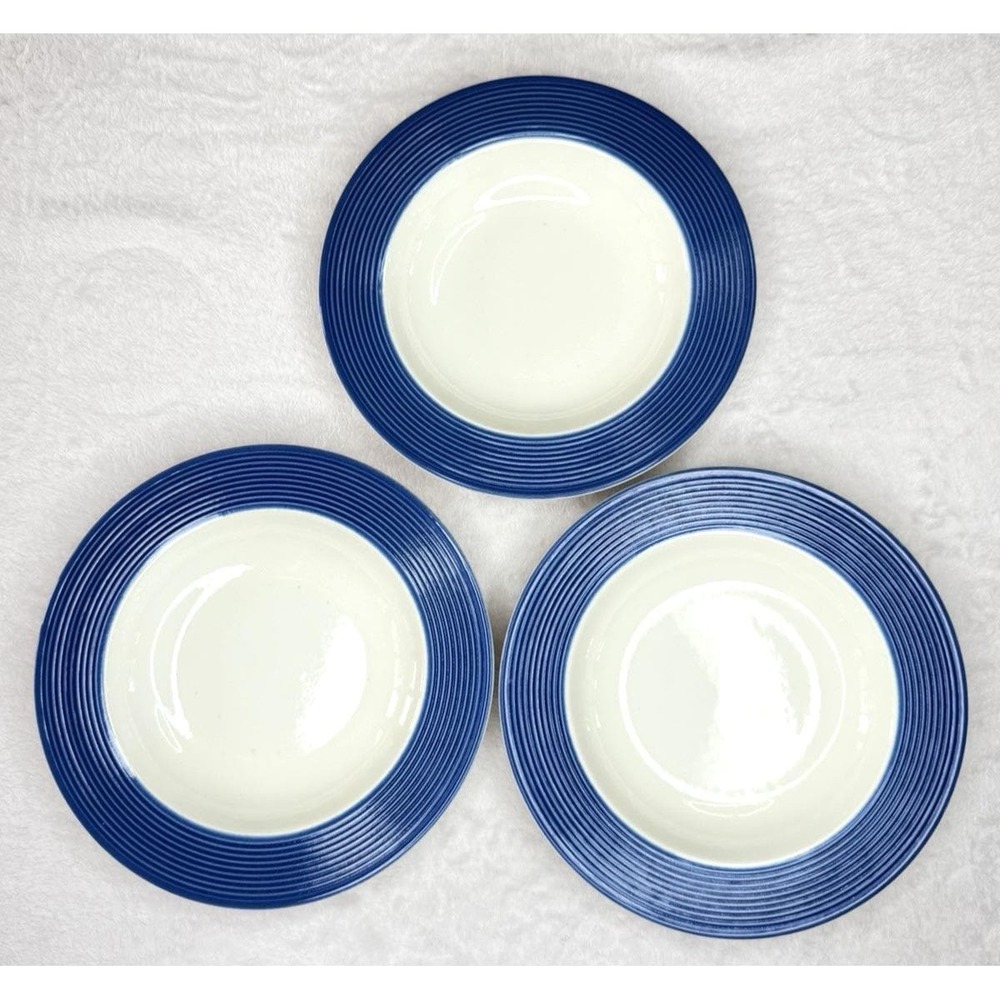 3 Pasta Soup Bowls Pagnossin Ironstone 9307 Blue Ribbed Rings Italy 8.75"